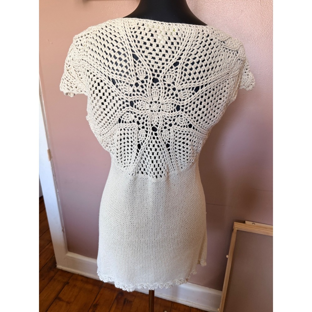 Sigrid Olsen Small Cream Crochet Cardigan Top Cap Sleeve Ramie Cotton Boho - Picture 10 of 11